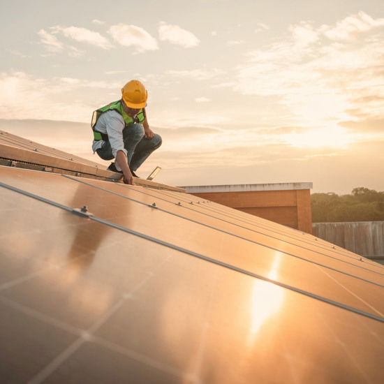 man p&aring; tak med solceller i solnedg&aring;ng